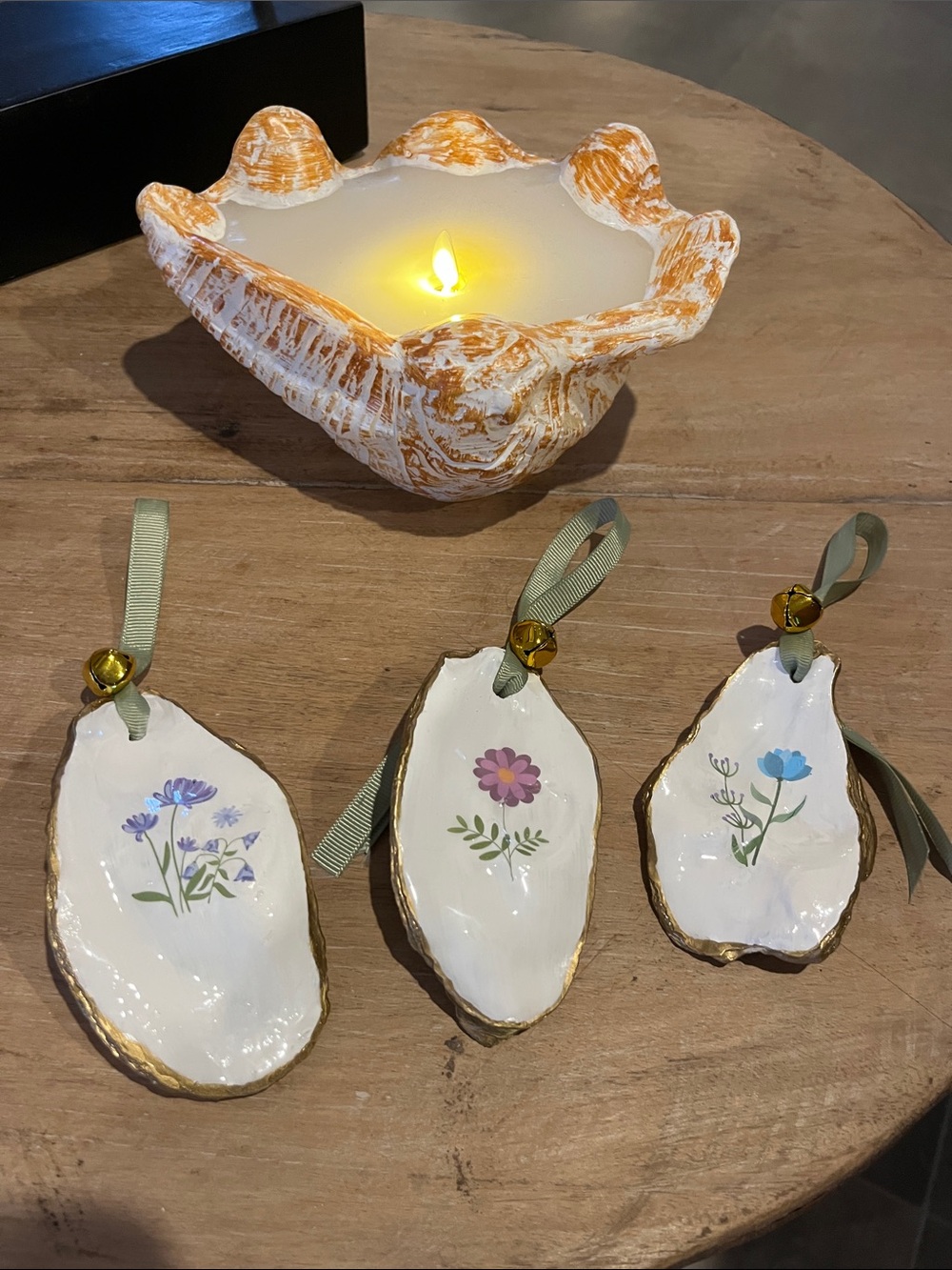 Hand-Painted Floral oyster shells with mint color ribbon.  Set of 3